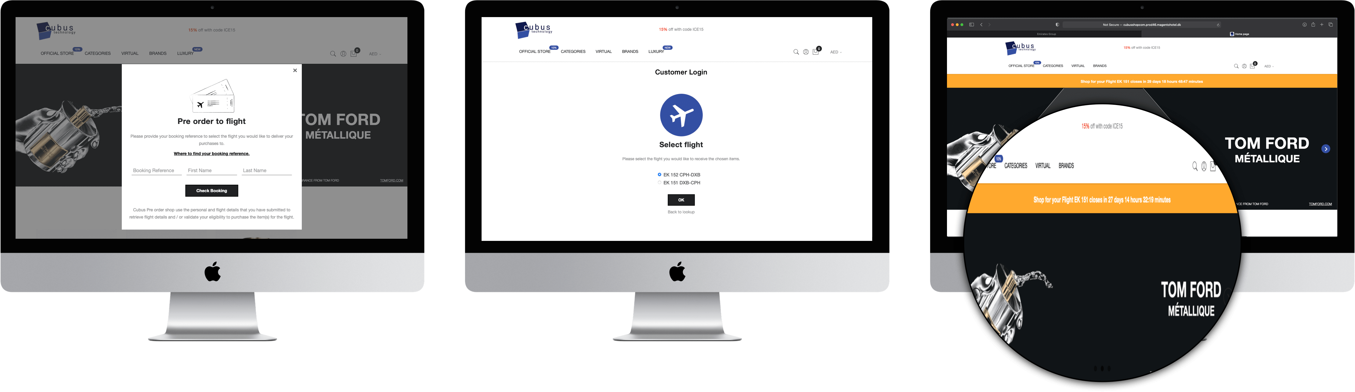 CubusSHOP login and flight selection flow